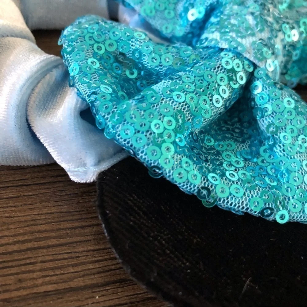 Blue velvet and sequin Mickey ear hair scrunchie